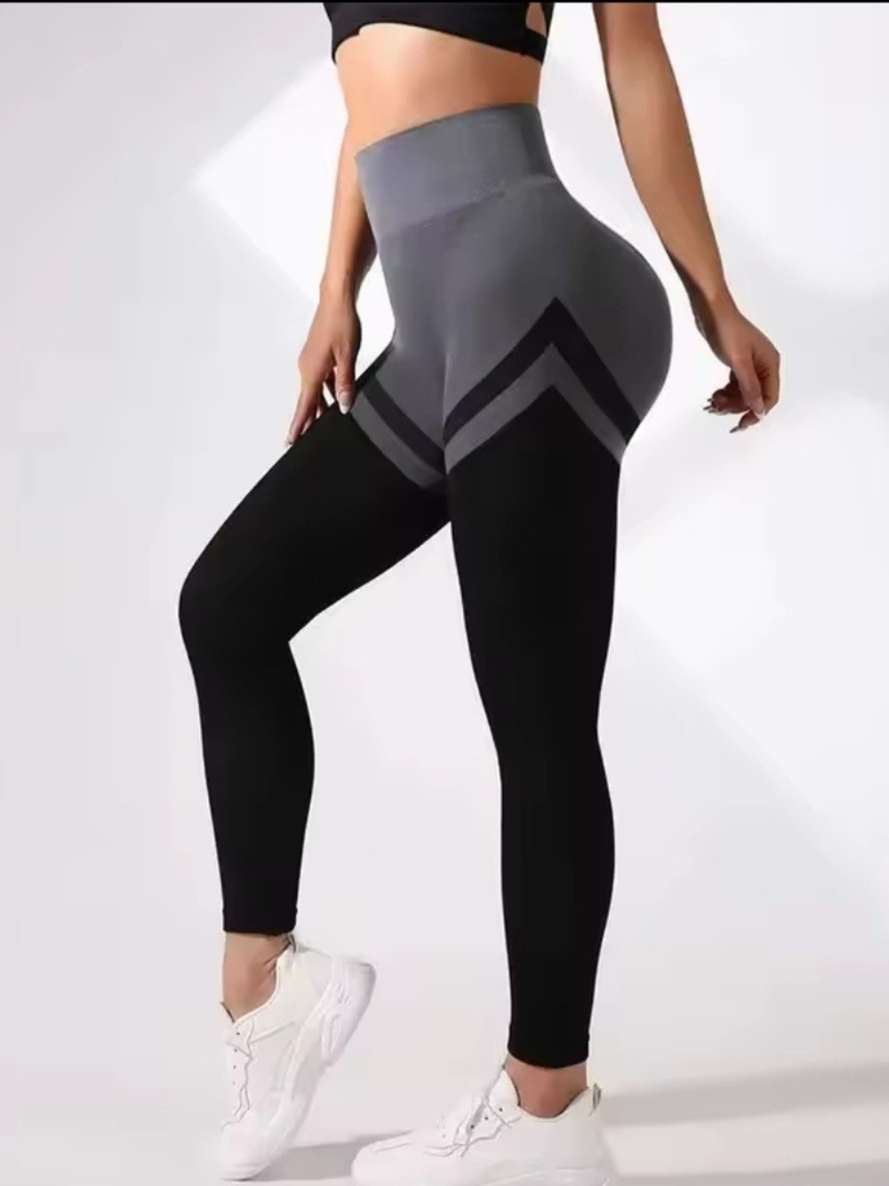 High-Waist Seamless Two-Tone Leggings - Black & Gray